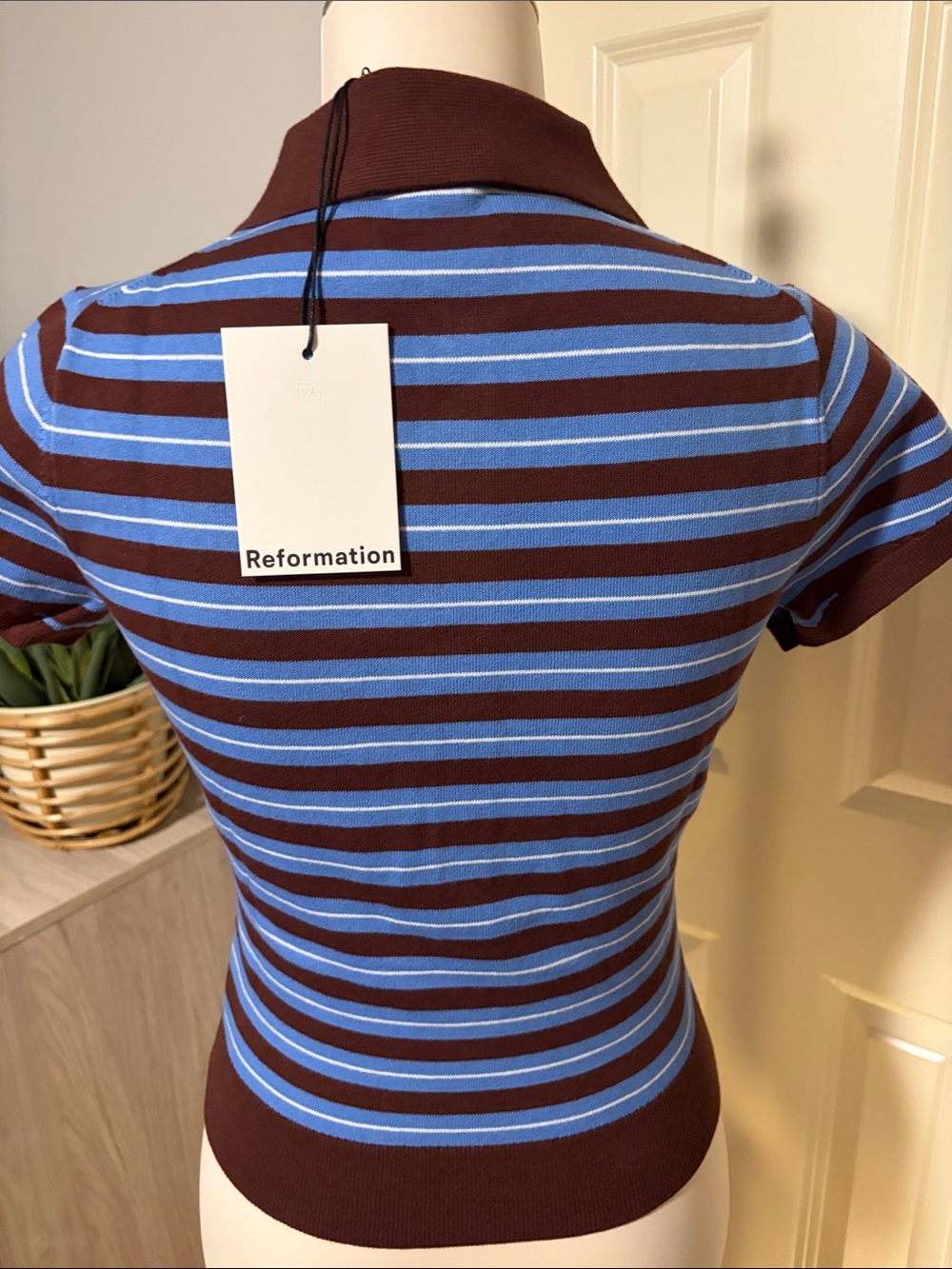 NWT Reformation 🤎💙 Bentley Crop Polo Sweater in Mahogany Multi Strip - Picture 12 of 14